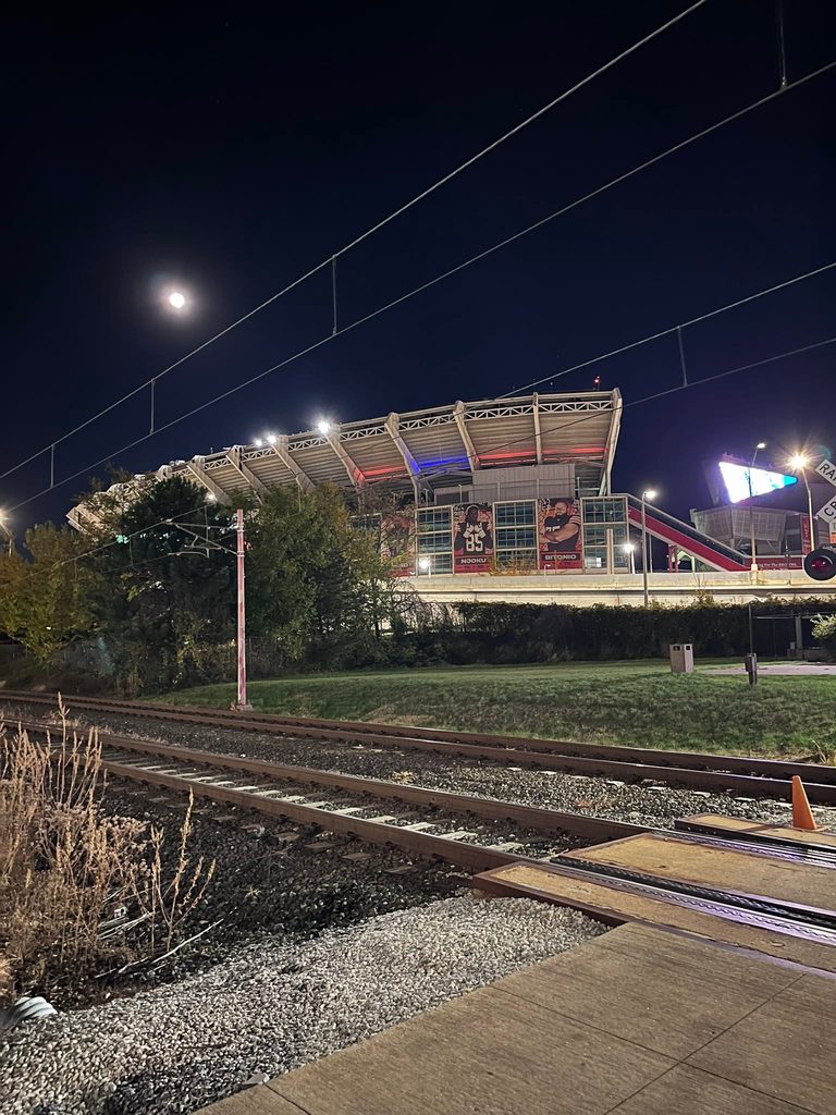 Full moon over Cleveland Browns Stadium near the Amtrak station in downtown Cleveland, Ohio.